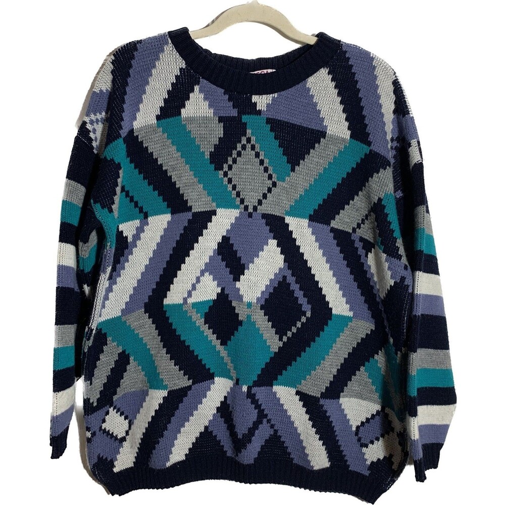 Clifton Place Vintage 90s Unisex Size L Geometric Twee Chunky Knit Sweater